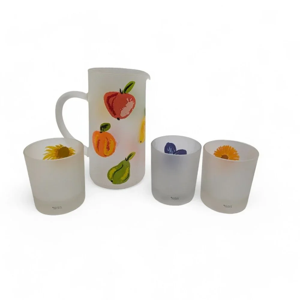 Dartington Spring Time Flowers Frosted Rocks Glass Pitcher & 3 Cups France